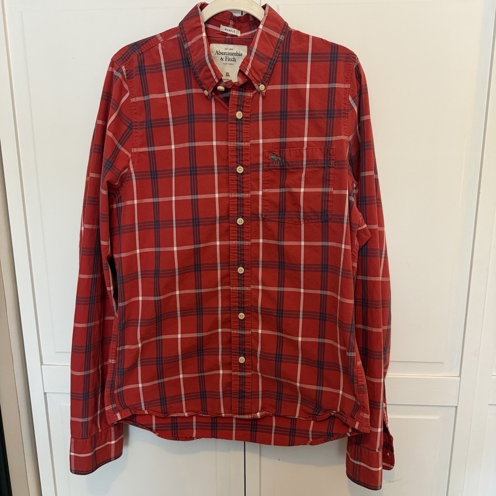 Abercrombie & Fitch Button Down Men's X-Large Long Sleeve Shirt Cotton Plaid Red